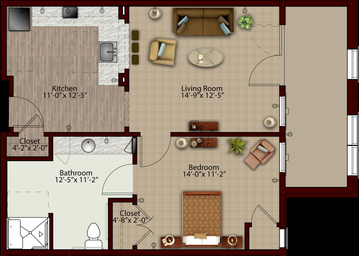 A detailed floor plan of a one-bedroom apartment featuring a living room, kitchen, bathroom, and closet.