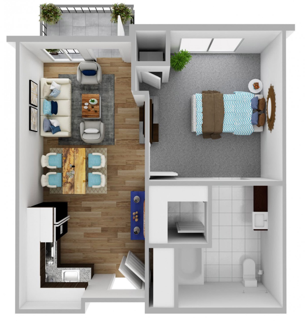 A top-down view of a one-bedroom apartment floor plan featuring a kitchen, dining area, living room, bedroom, and bathroom.