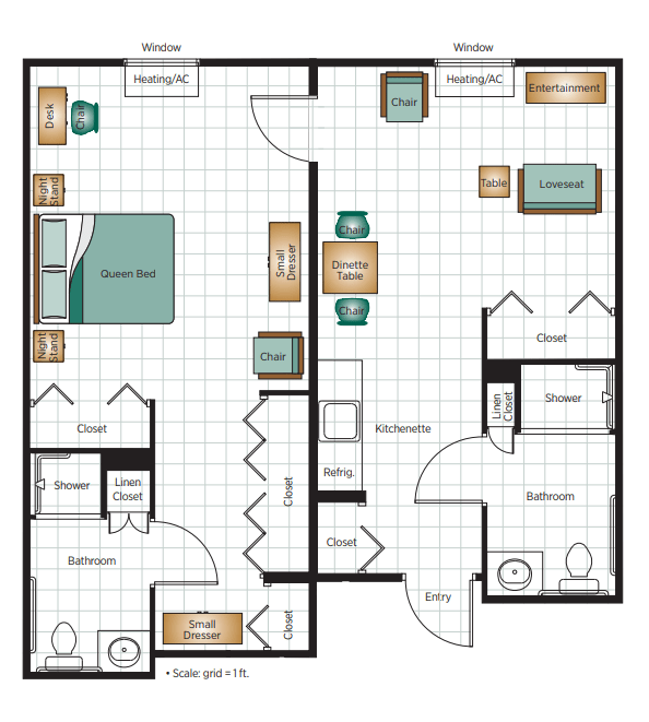 A floor plan illustration showing the layout of an apartment with designated areas for a bedroom, living room, kitchen, and bathroom.