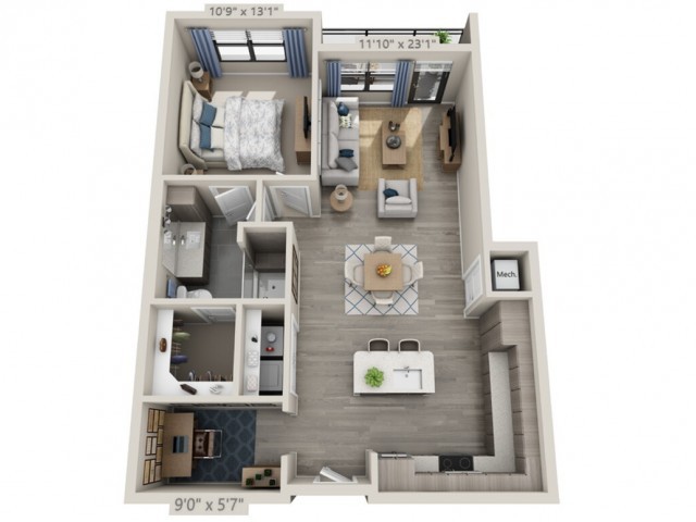 A 3D floor plan of a one-bedroom apartment featuring a kitchen, living room, and bathroom.