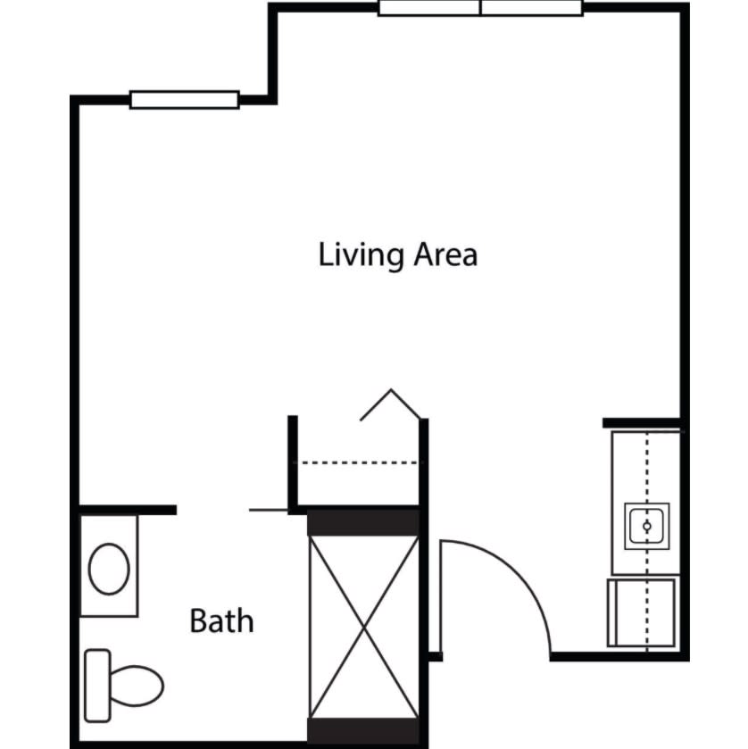 A simple floor plan featuring a living area, kitchen, and bathroom.