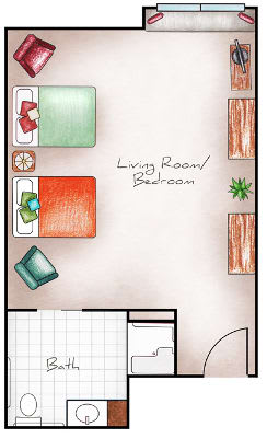 A simple floor plan of a studio apartment showing the layout of the living room and bedroom areas.
