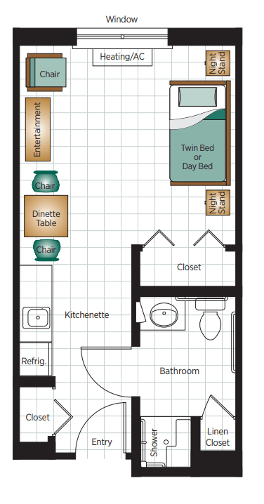 Studio apartment floor plan with kitchenette, bathroom, and sleeping area.