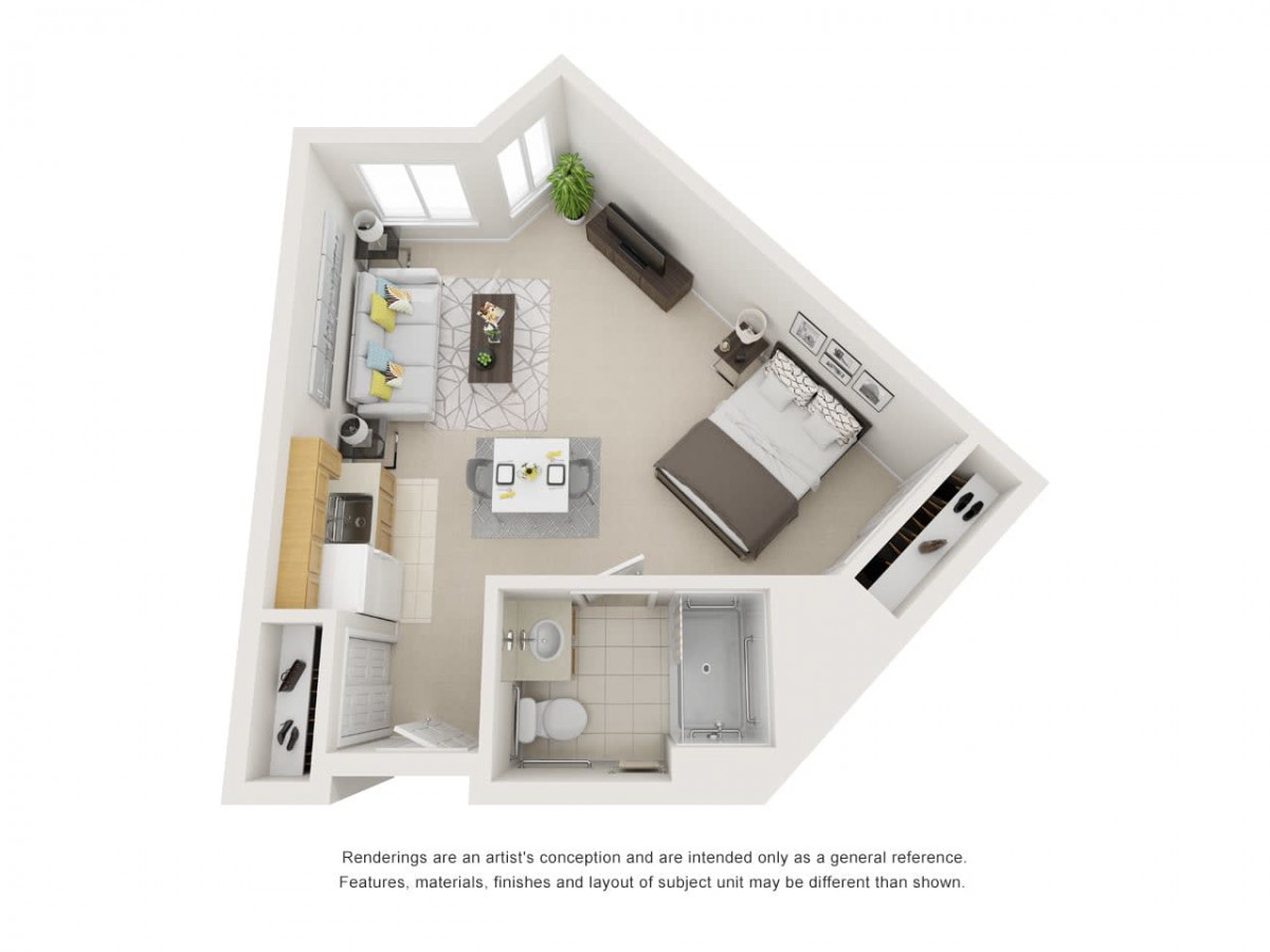 A 3D rendering of a studio apartment floor plan featuring a bedroom, living area, kitchen, and bathroom.