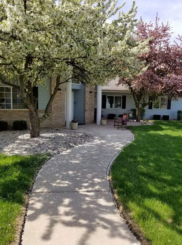A charming front yard with a curving pathway lined by blossoming trees.