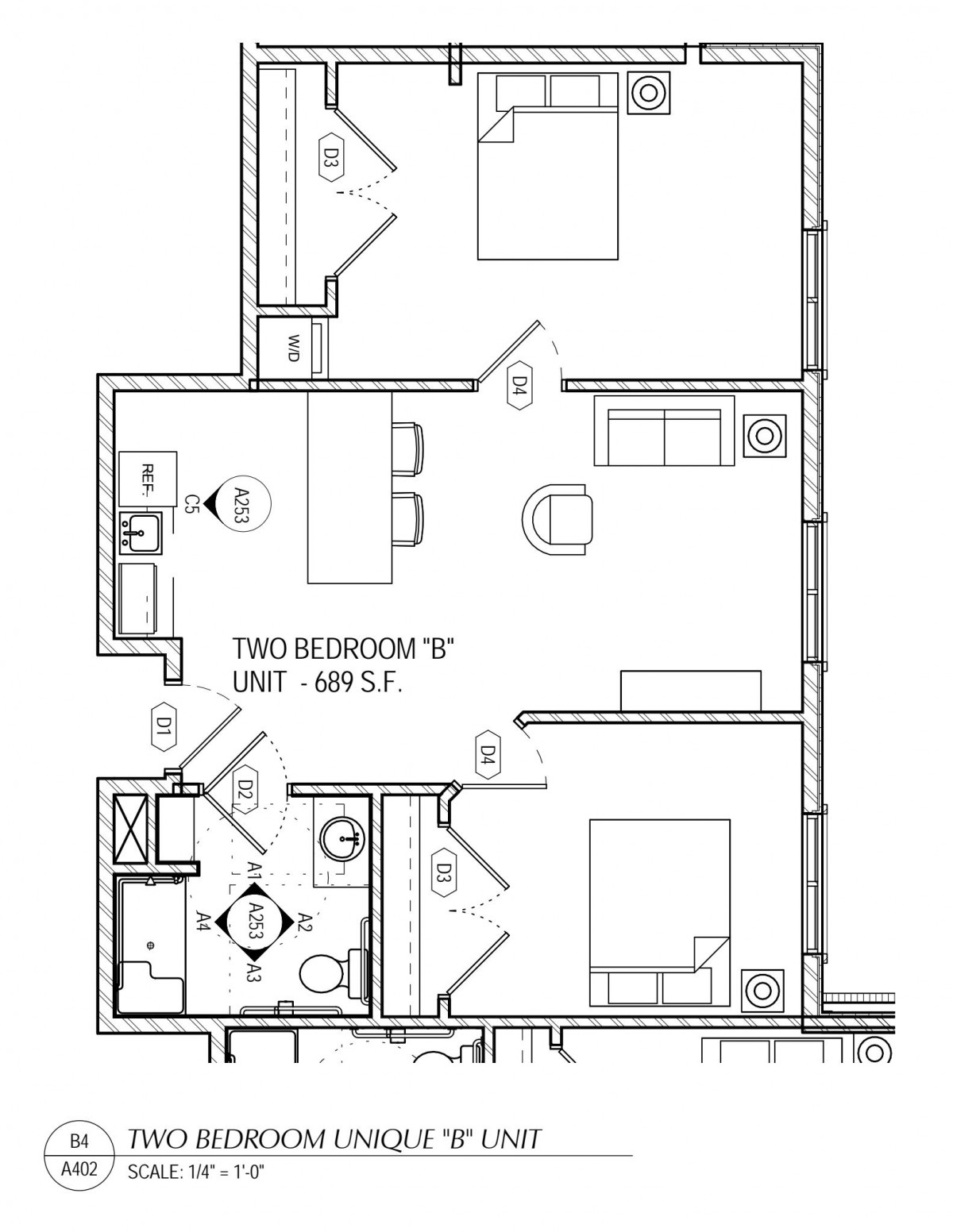A floor plan of a two-bedroom apartment layout.