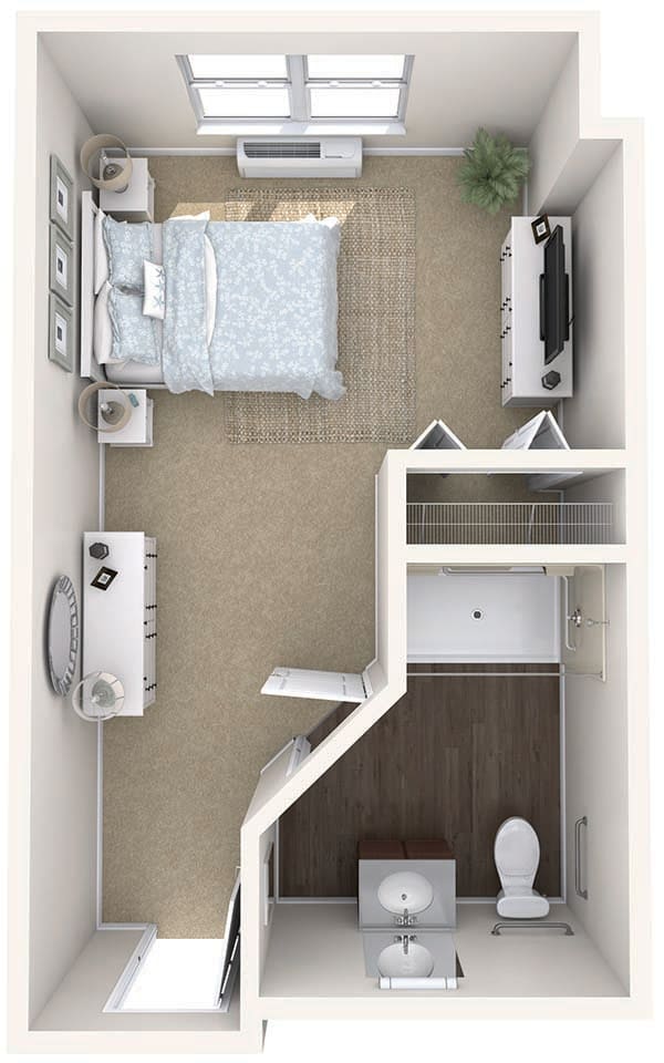 A top-down view of a small bedroom floor plan with furniture and decor.