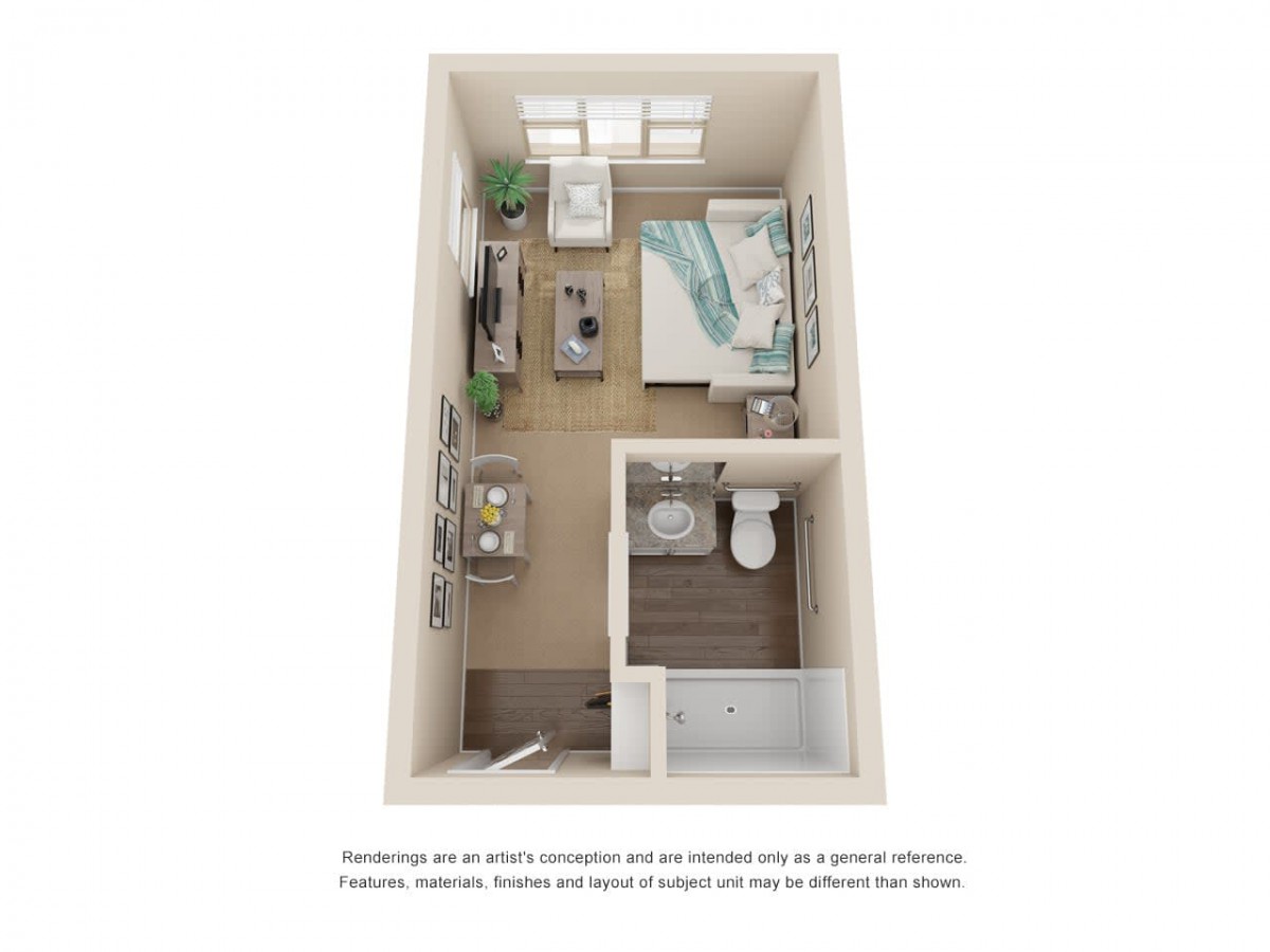 A 3D floor plan of a one-bedroom apartment showcasing the layout with a living area, kitchen, bedroom, and bathroom.