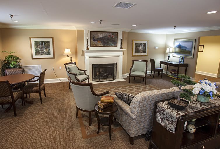 A cozy living room interior with elegant furniture and a central fireplace.