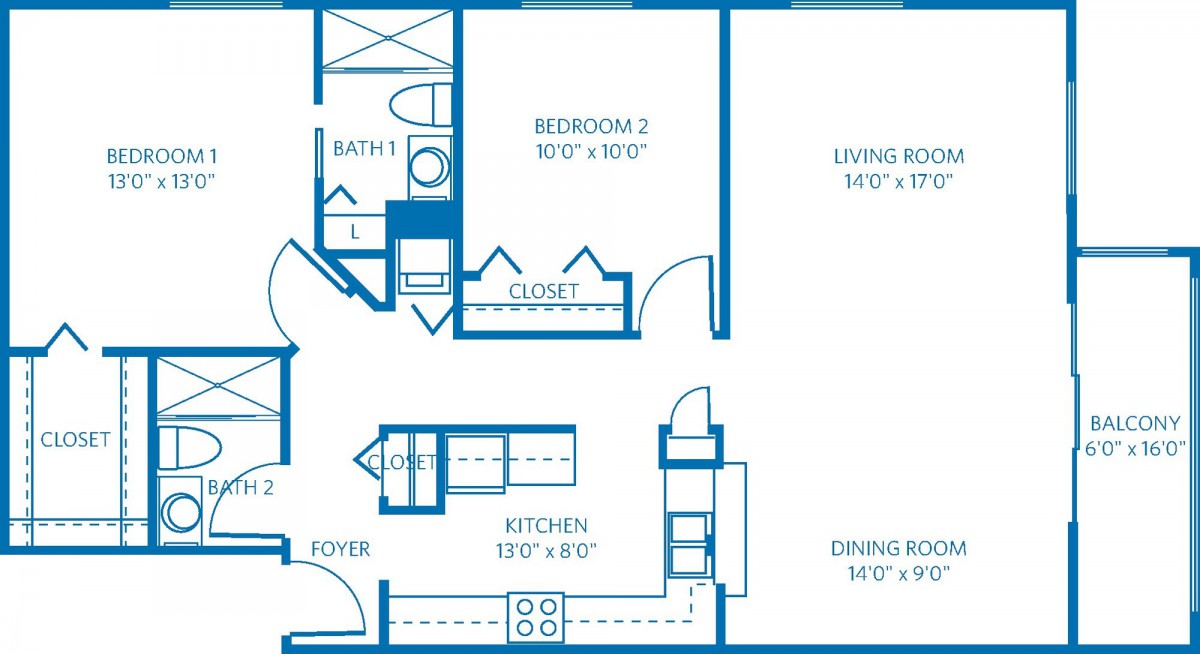 Blueprint of a two-bedroom apartment layout.