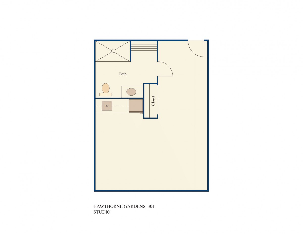 A floor plan of a studio apartment showing the layout of the space.