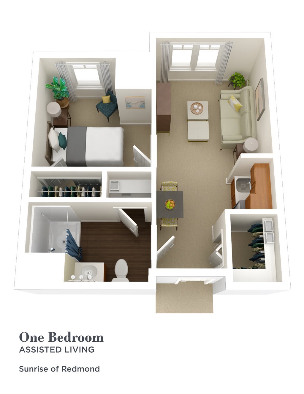 A 3D floor plan of a one-bedroom apartment showcasing the layout and furniture placement.