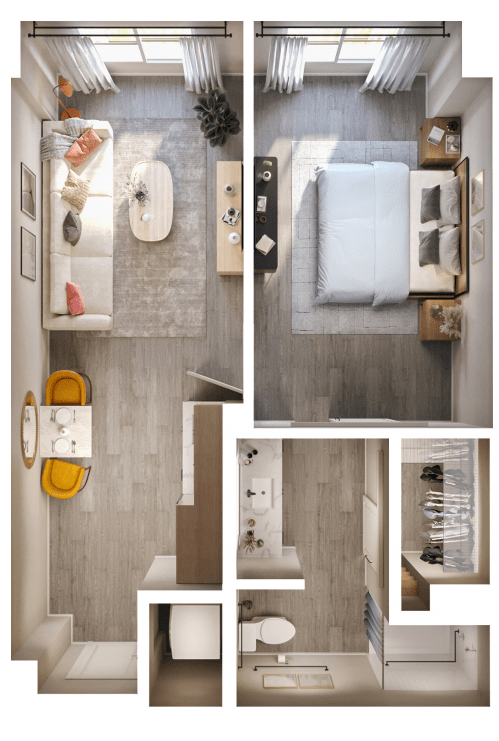 A modern one-bedroom apartment floor plan with a cozy living room, functional kitchen area, and sleek bathroom.