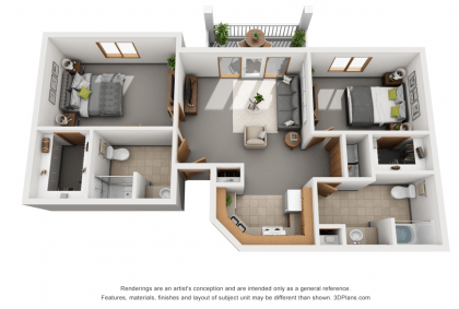 A 3D floor plan of a two-bedroom apartment, featuring a living area, kitchen, bathroom, and private balcony.