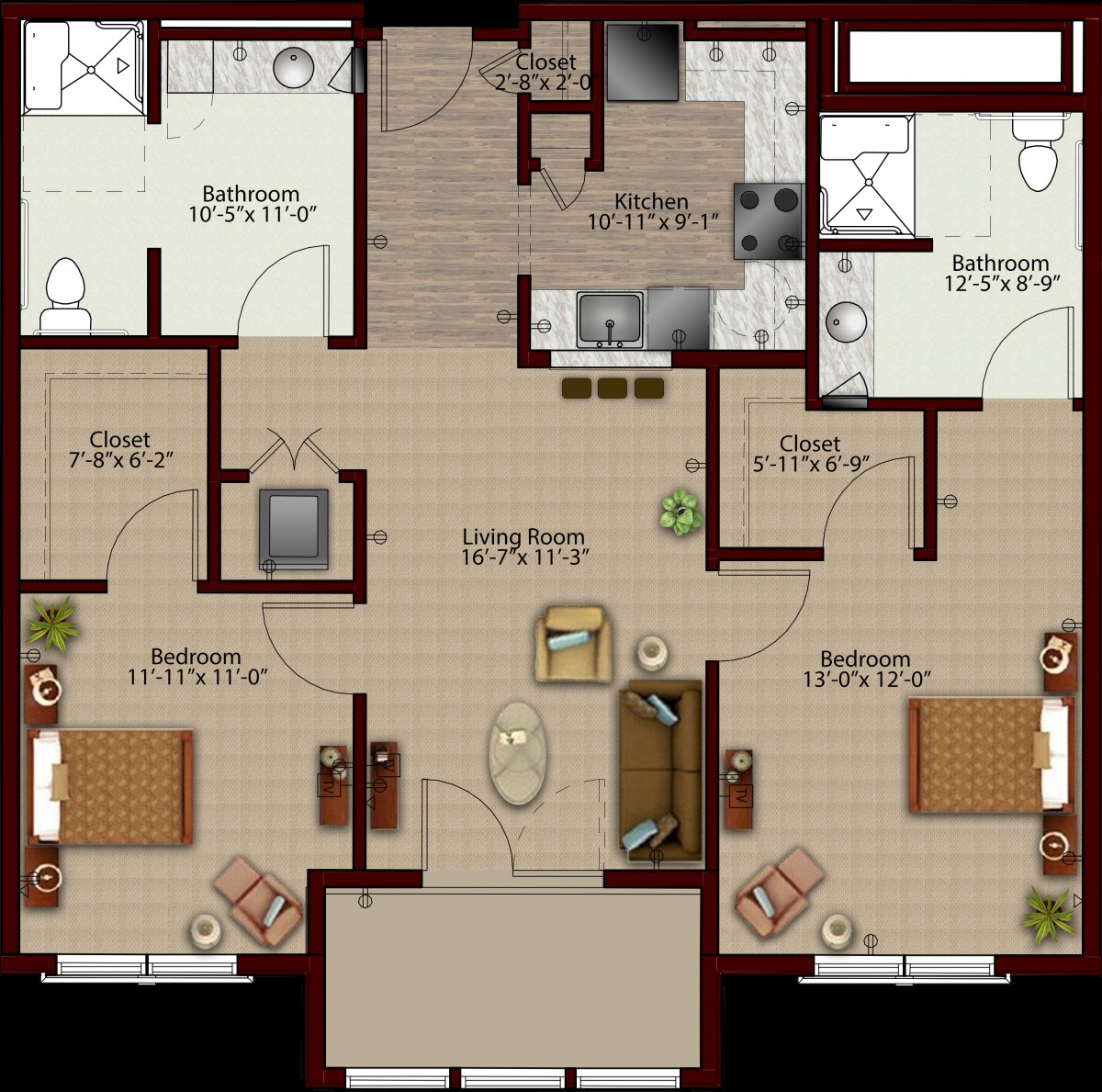 A detailed floor plan of an apartment featuring multiple rooms and amenities.