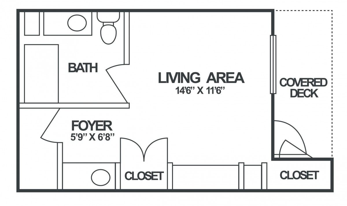 A simple floor plan featuring a living area, bathroom, foyer, and closet.