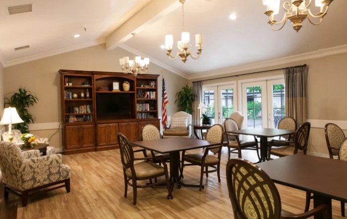 A cozy living room with elegant furniture, bookshelves, and a TV.