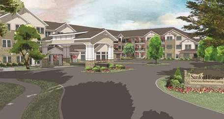Architectural illustration of a residential building with surrounding landscape.