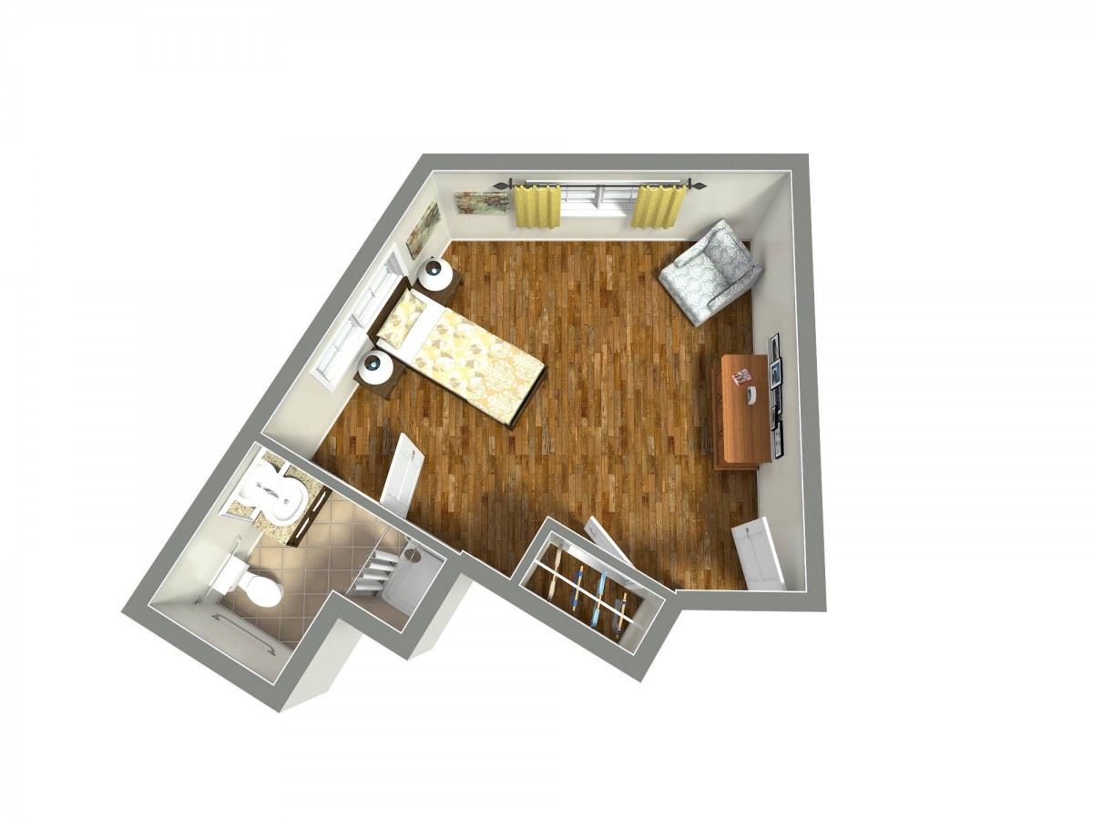 A 3D floor plan of a bedroom with furniture layout.