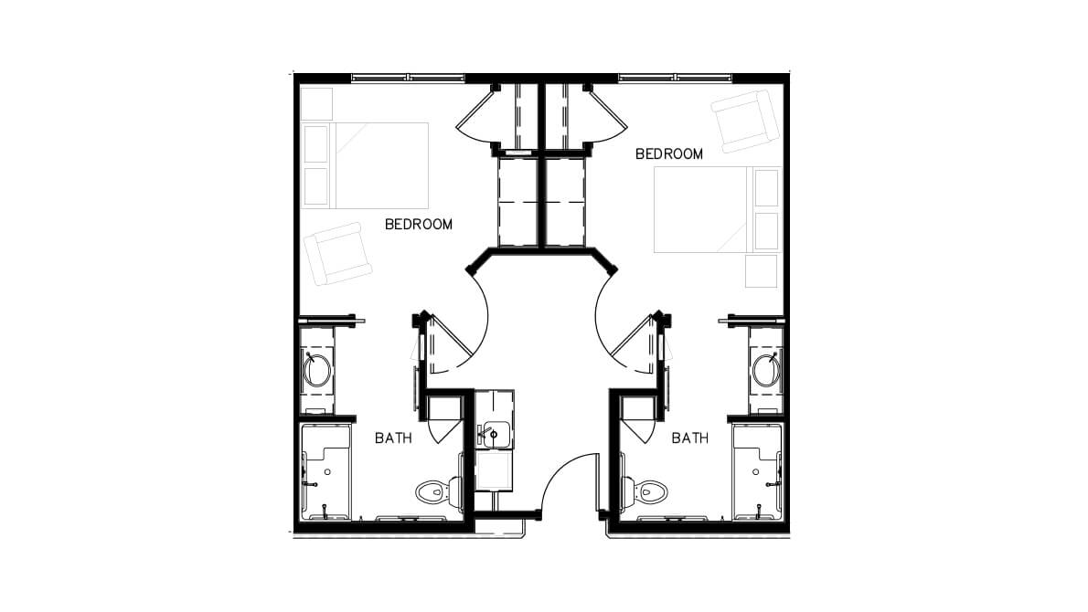 A floor plan featuring two symmetrical bedrooms and bathrooms.