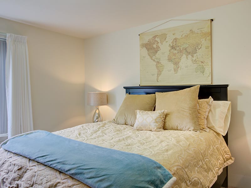 A cozy bedroom with elegant bedding and map-themed wall decor.