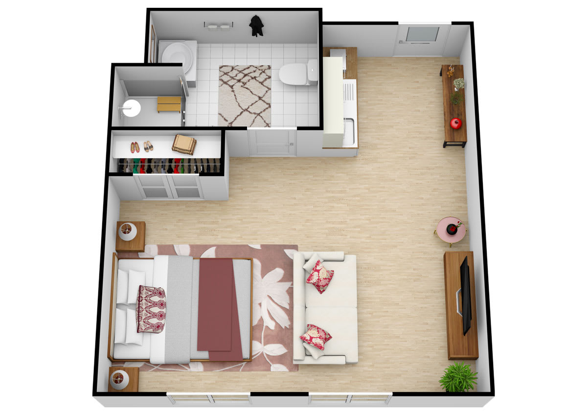 A cozy apartment floor plan featuring a bedroom, living area, and essential furnishings.