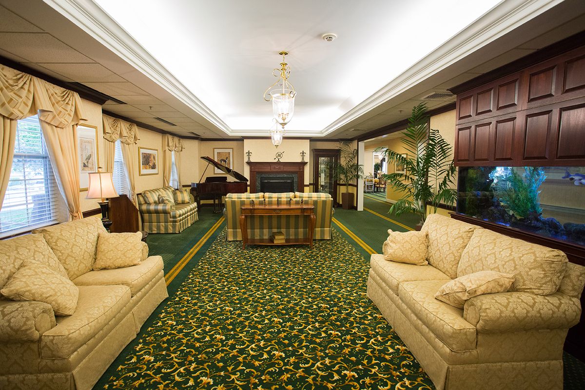 A luxurious living room featuring elegant furniture, a grand piano, and a patterned carpet.