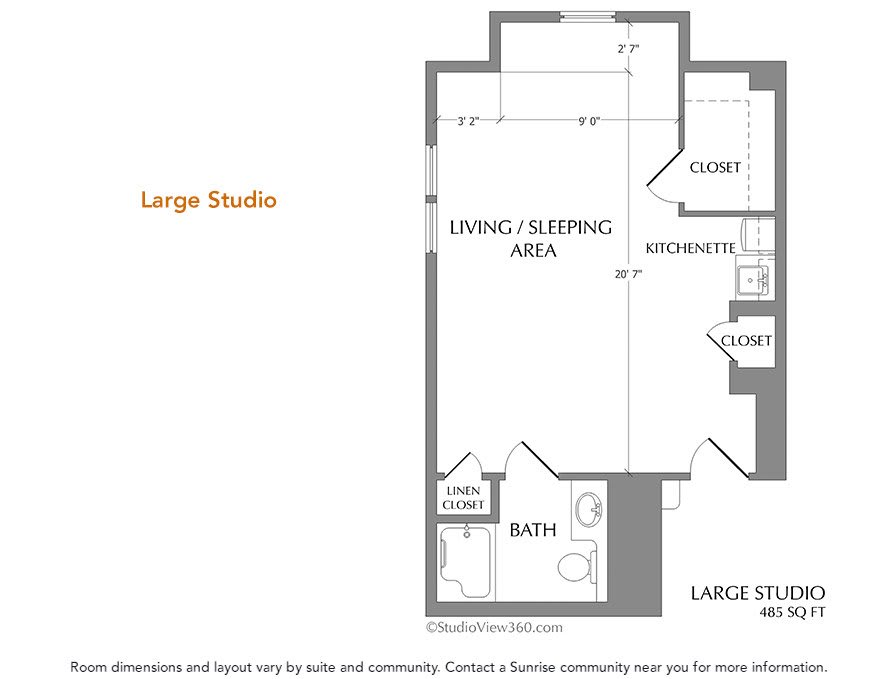 Floor plan of a large studio apartment featuring a living/sleeping area, kitchen, bathroom, and closet.