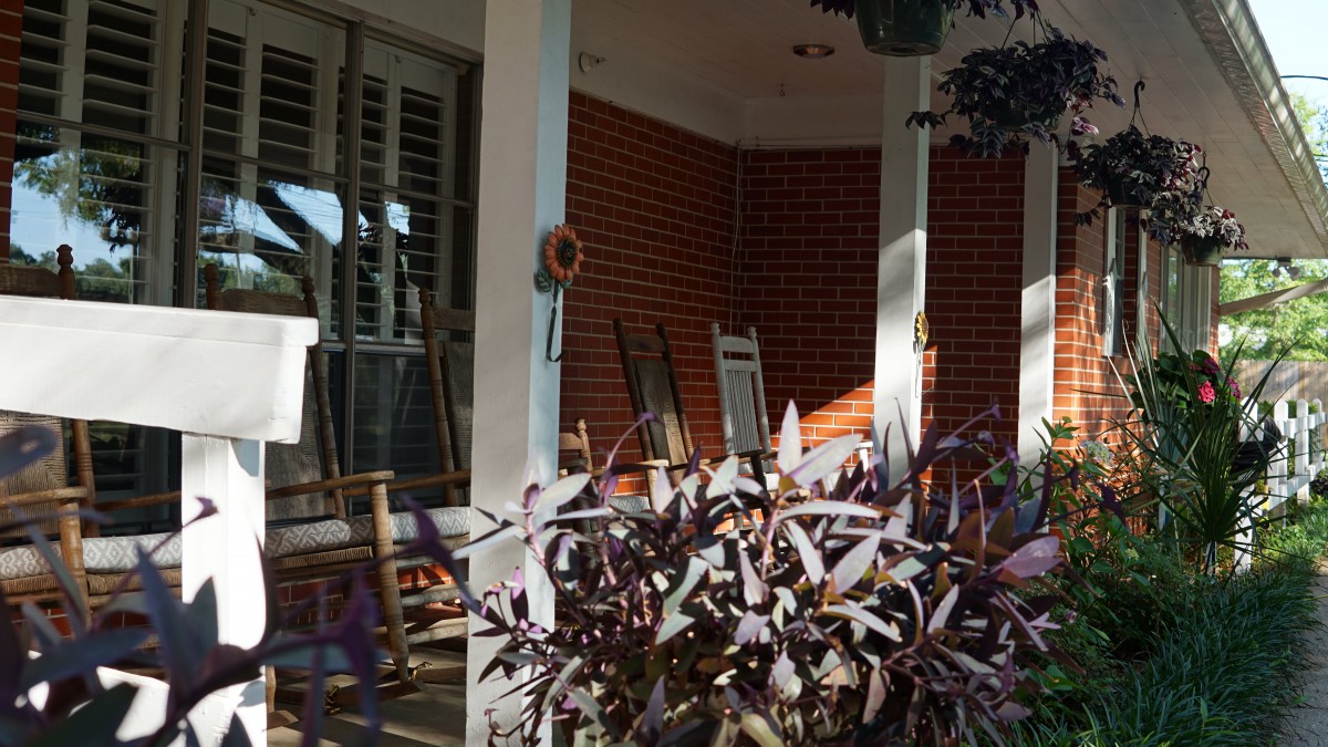 A sunlit porch with rocking chairs and potted plants.