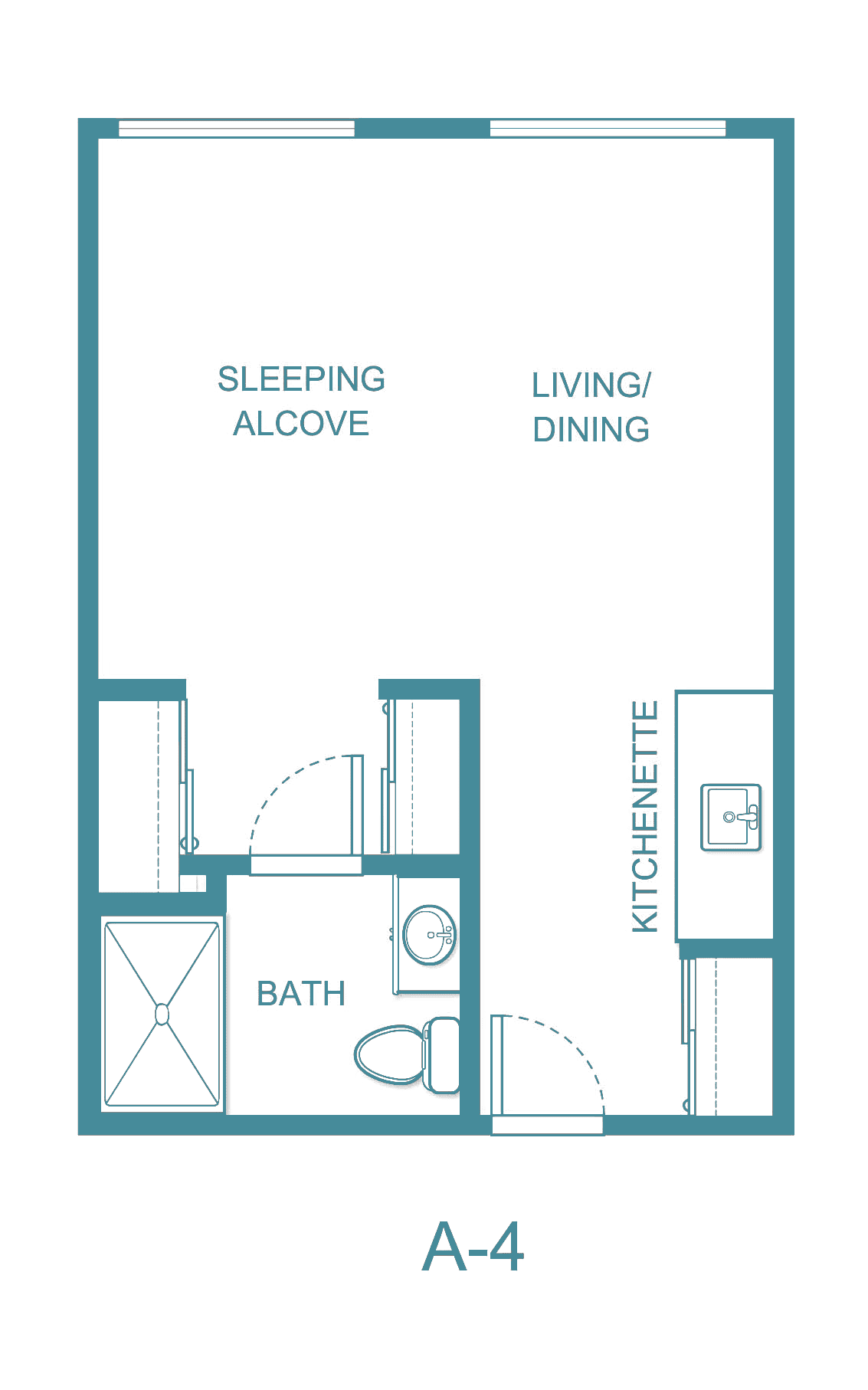 Studio apartment floor plan featuring a sleeping alcove, living/dining area, kitchenette, and bath.