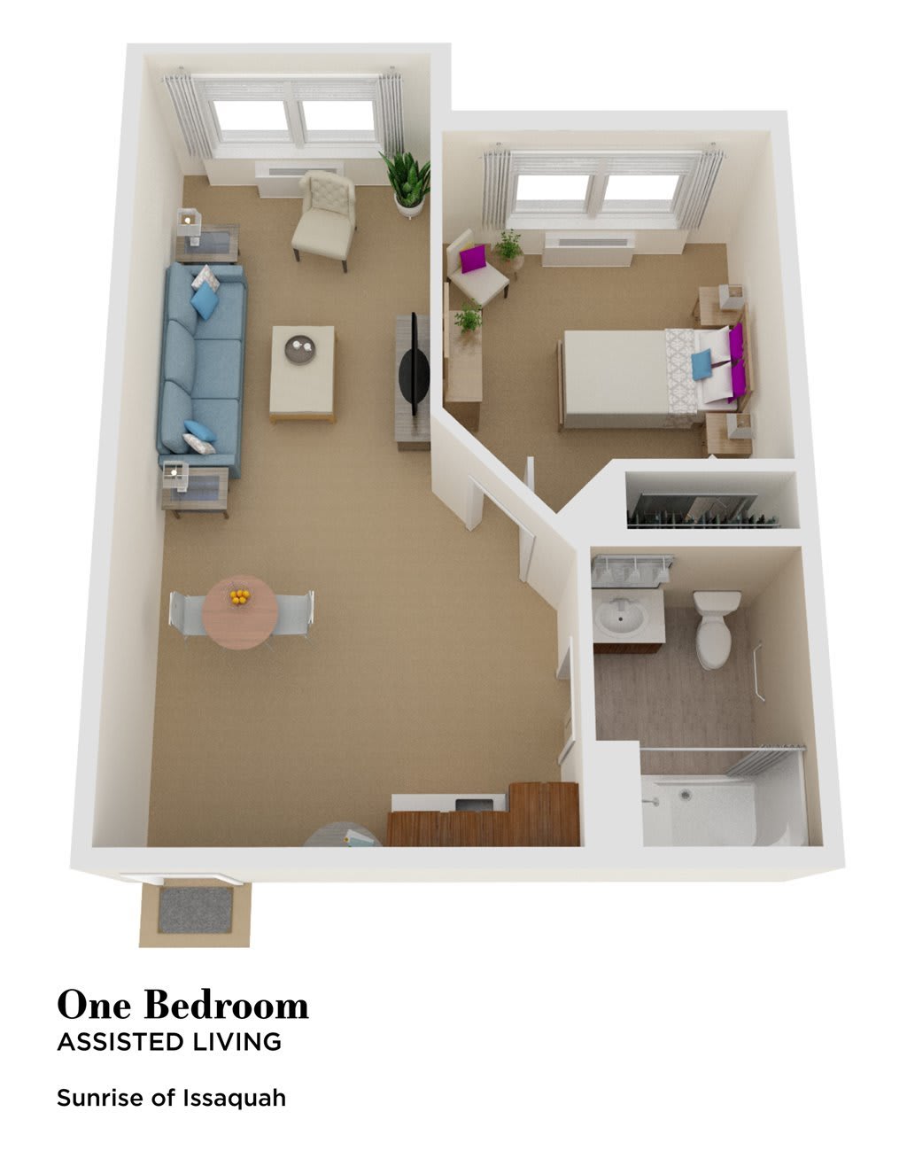 A 3D floor plan of a one-bedroom apartment layout.