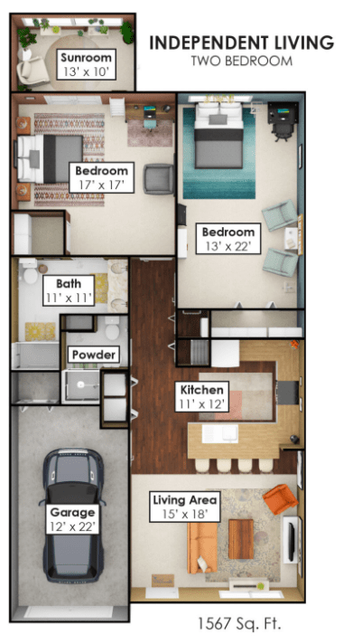 A floor plan of a two-bedroom apartment, including living areas, kitchen, bath, and powder room.