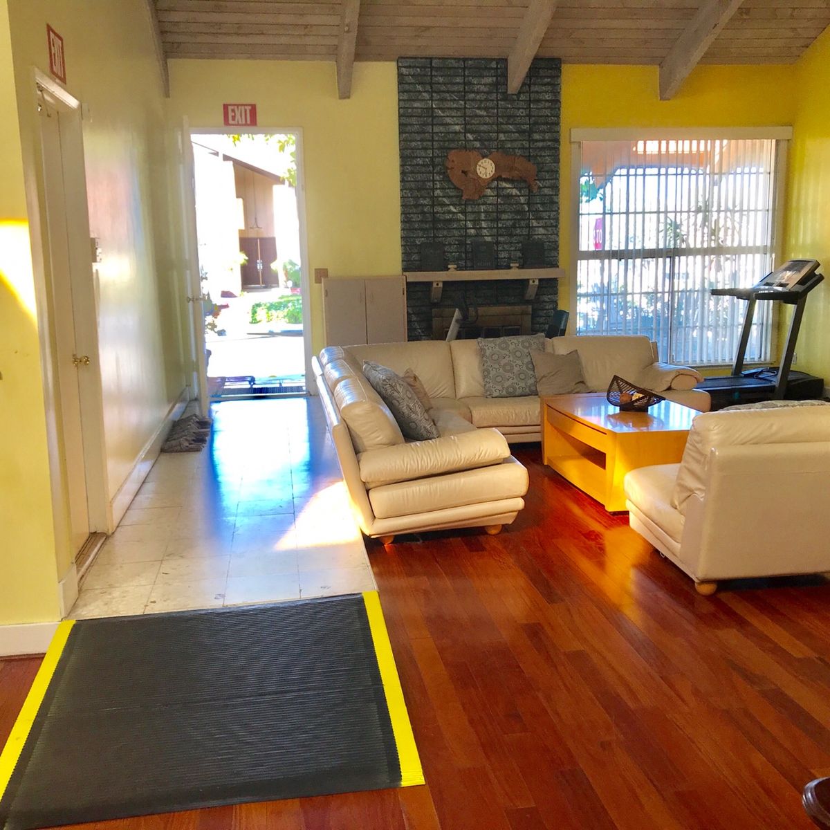A cozy living room with a modern sofa, wooden floors, and ample natural light.