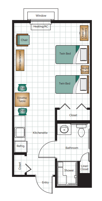 Floor plan of a bedroom with twin beds and an attached bathroom.