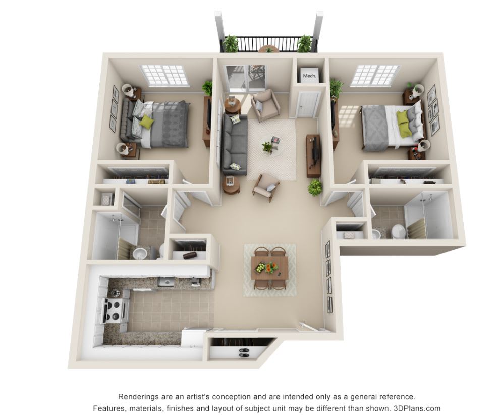 A 3D floor plan of a two-bedroom apartment featuring a spacious living area and kitchen.