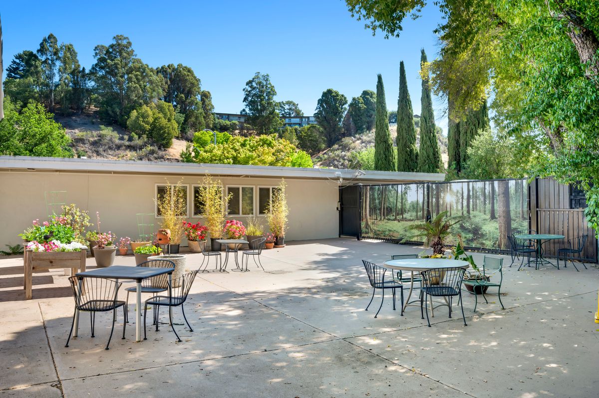 A sunny outdoor patio featuring tables and chairs surrounded by a landscaped garden and modern architecture.