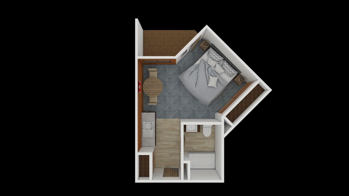 A 3D floor plan of a compact one-bedroom apartment.