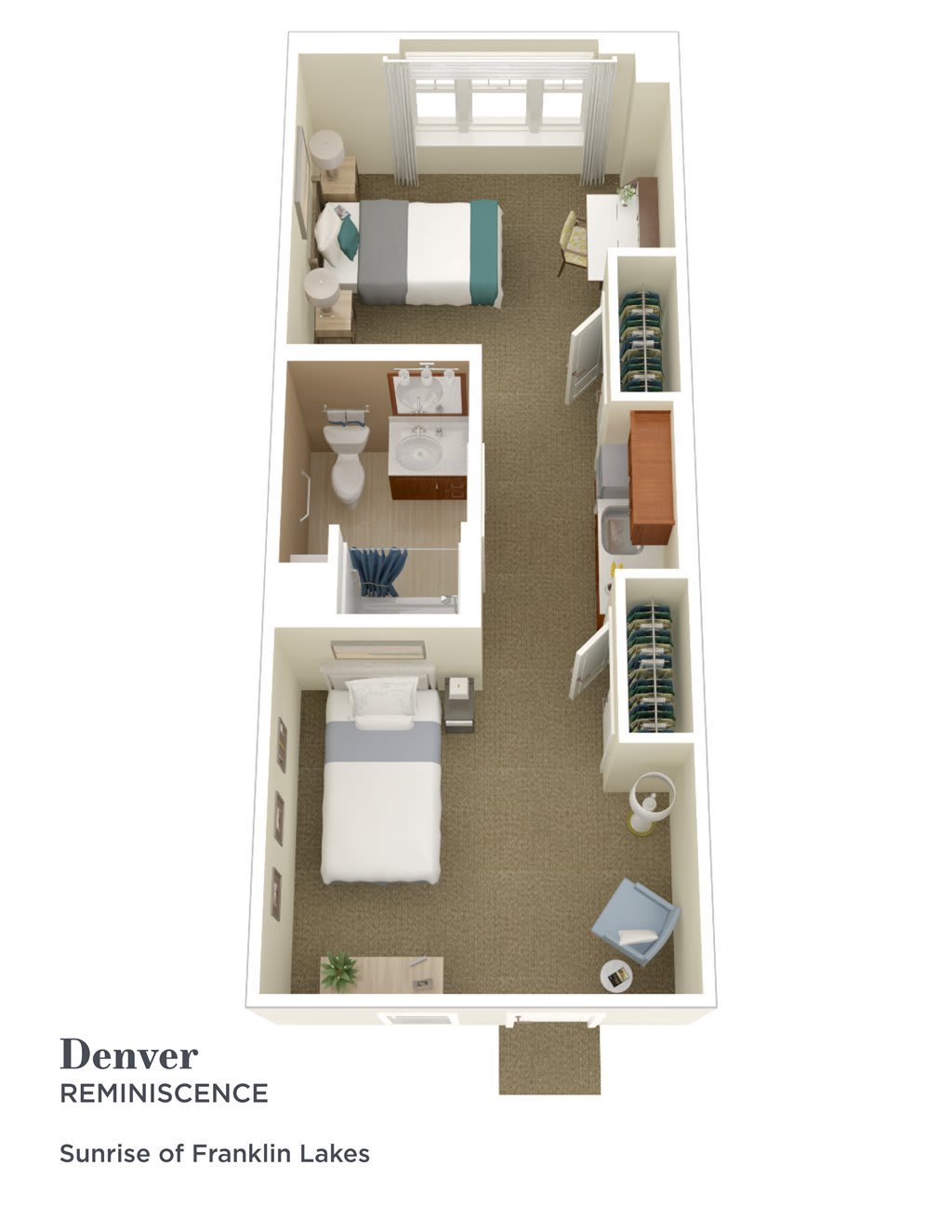 A 3D floor plan of a two-bedroom apartment, showing the arrangement of rooms and furniture.