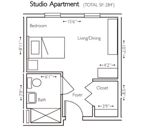 Floor plan of a studio apartment showing the layout of the bedroom, living/dining area, bath, foyer, and closet.