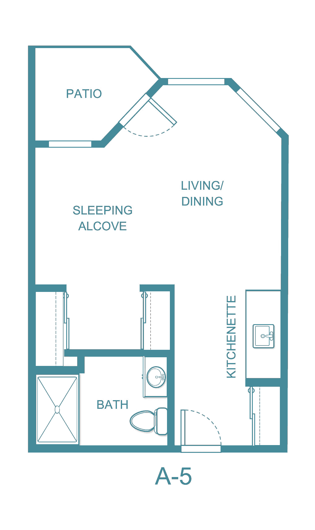 Studio apartment floor plan with a sleeping alcove and kitchenette.