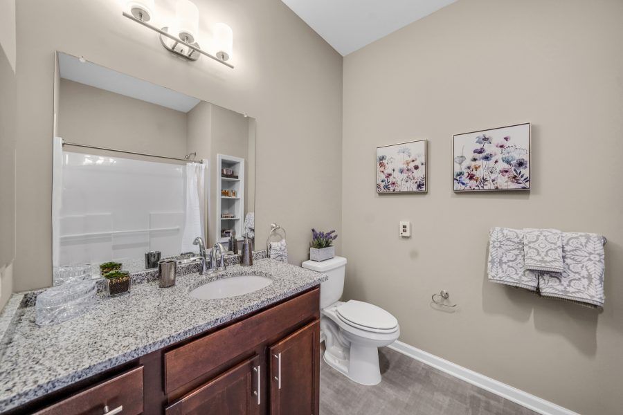 A modern bathroom featuring a granite countertop, a large mirror, and wall decor.