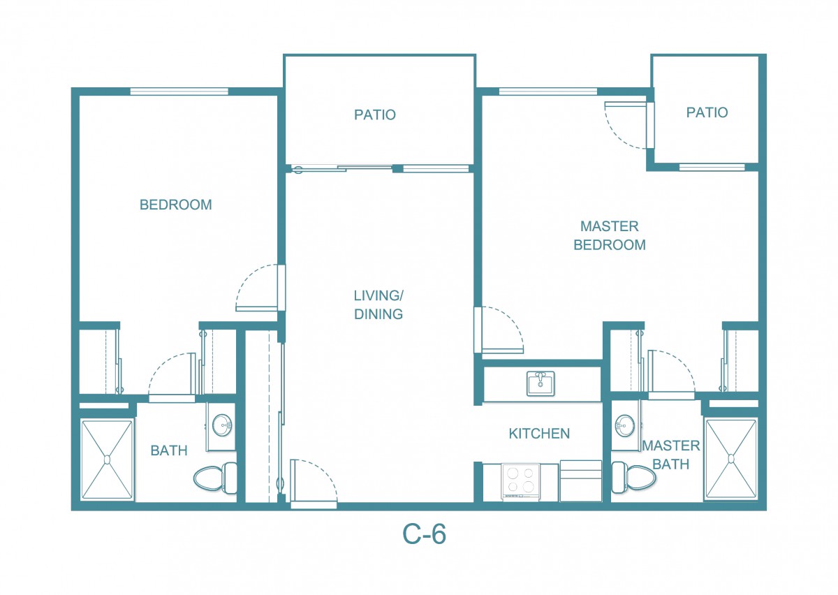 Blueprint of a two-bedroom apartment layout with labeled rooms including patio, living/dining area, kitchen, and bathrooms.