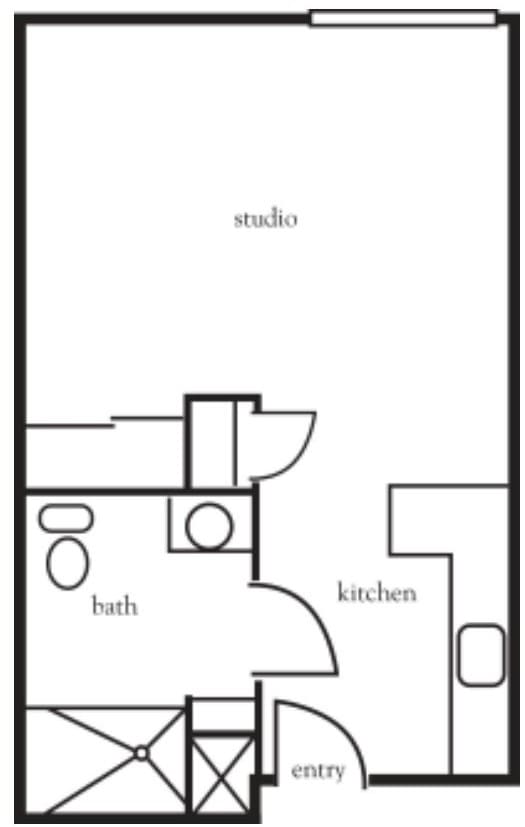 Floor plan of a studio apartment with bath and kitchen layout.