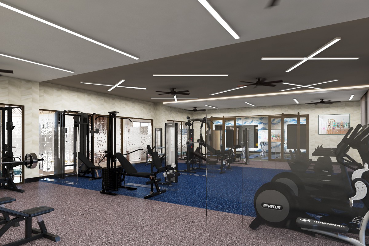 A modern gym equipped with various exercise machines and weights.