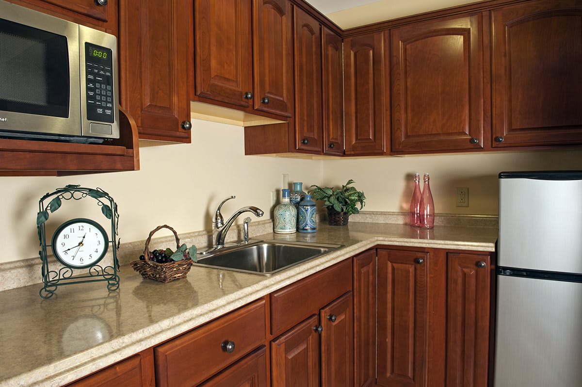A cozy kitchen with wooden cabinets and a clean countertop.