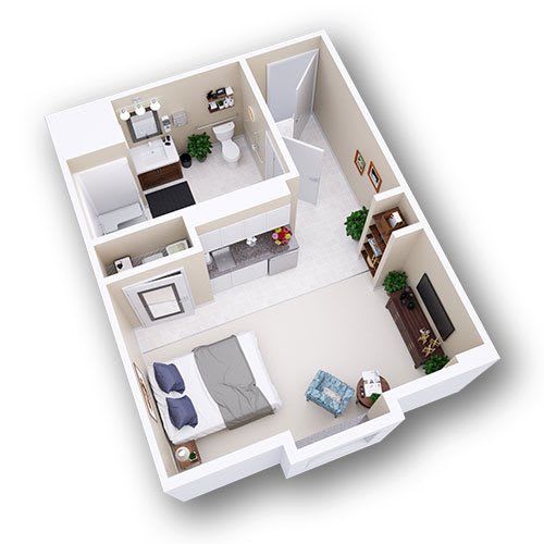 3D floor plan of a one-bedroom apartment featuring an open living area, bedroom, and bathroom.