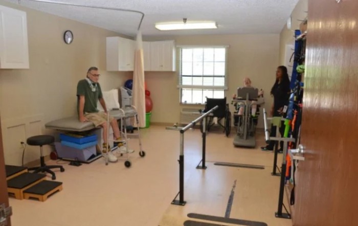A rehabilitation clinic with patients engaging in physical therapy exercises.