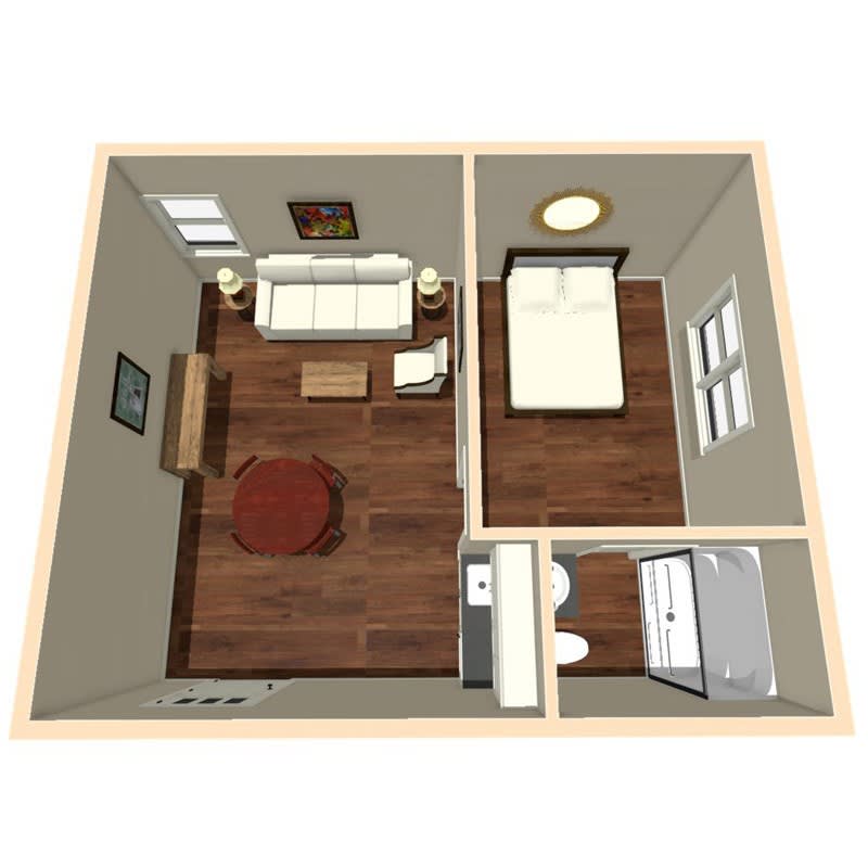 A compact apartment floor plan featuring a living room, bedroom, and bathroom.