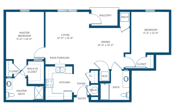 One-bedroom apartment floor plan with living room, kitchen, and bathroom.
