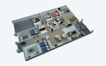 A 3D floor plan rendering of an apartment with multiple rooms and a modern layout.